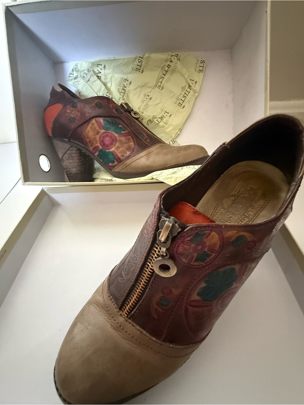 Spring Step Brown Leather Floral Zip Booties with Multicolor Accents